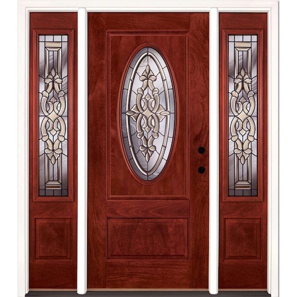 Feather River Doors 63.5 in.x81.625in.Silverdale Patina 3/4 Oval Lt Stained Cherry Mahogany Lt-Hd Fiberglass Prehung Front Door w/Sidelites