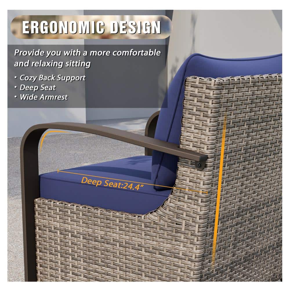 Brown Steel Frame Rocking Armchair with Blue Cushions