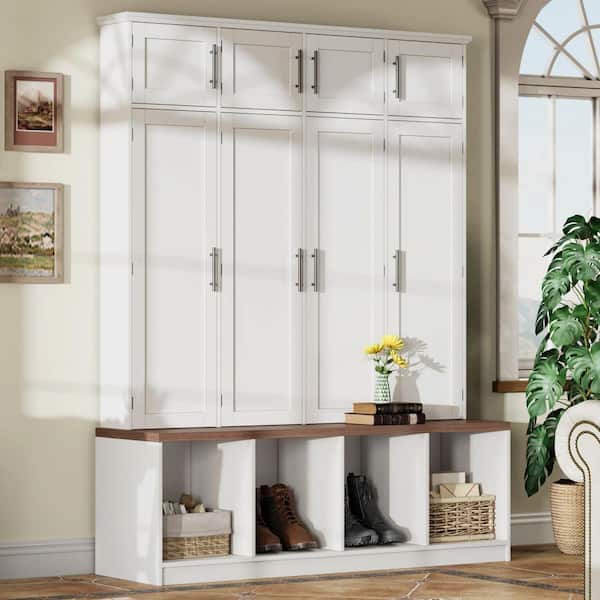 Harper & Bright Designs White Multi-Functional Hall Tree Entryway Cabinet with 4-Hidden Hanging Hooks and Brown Wood Grain Bench