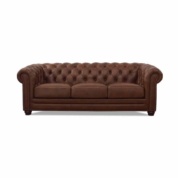 Hydeline Aliso 91 in. Rolled Arm 3-Seater Nailhead Trim Sofa in Pecan
