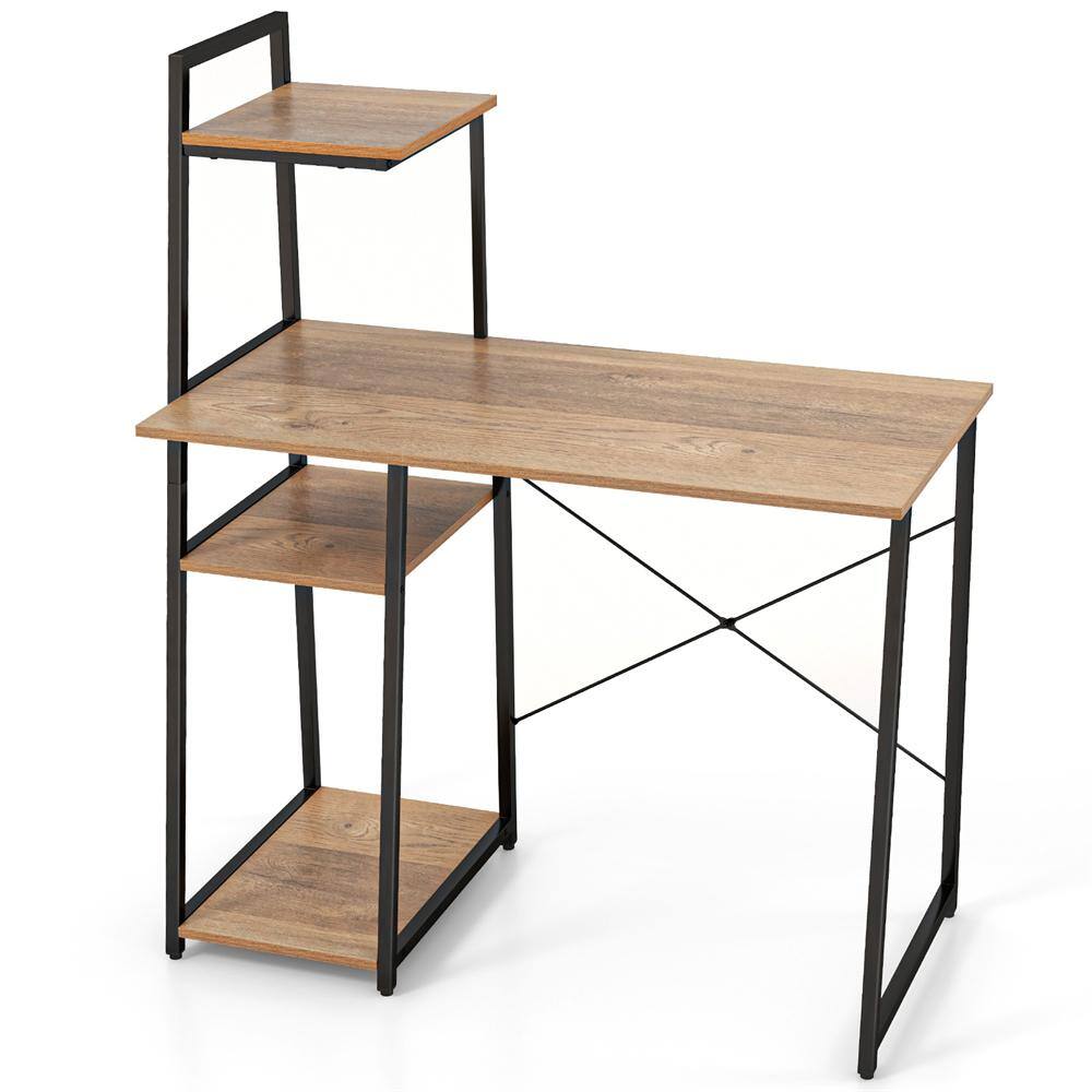 Natural Wood and Metal 4-Tier Computer Desk with Shelves