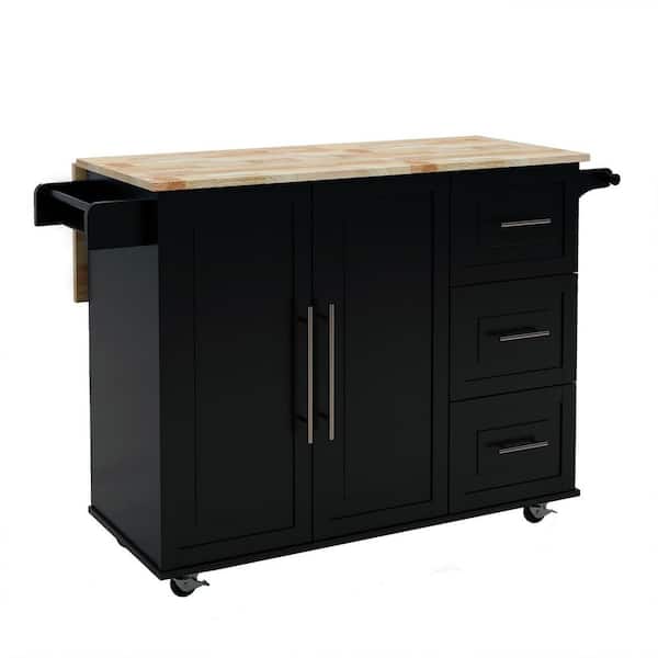 Black Extensible Solid Wood Table Top 43.70 in W Kitchen Island with Spice Rack, Towel Rack