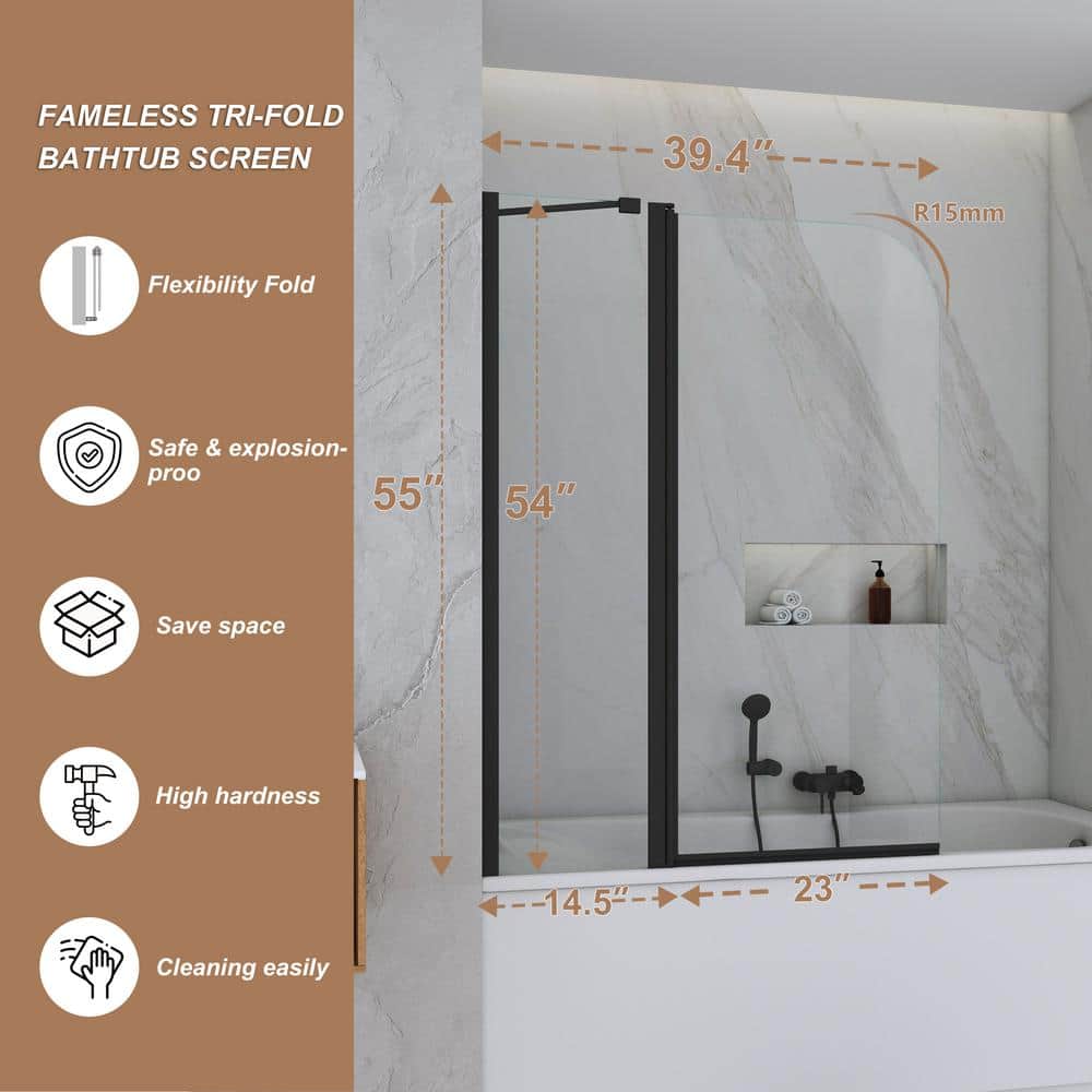 Matte Black Frameless Hinged Tub Door with Clear Tempered Glass