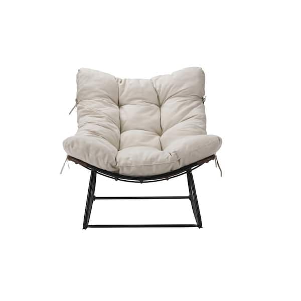 Unbranded Modern Metal Black Frame Outdoor Rocking Chair with Beige Cushion