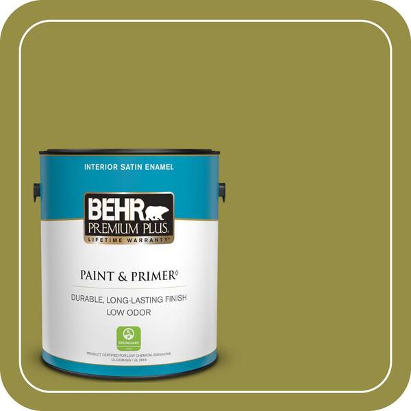 BEHR PREMIUM PLUS 1 gal. #PPU9-03 Retro Avocado Satin Enamel Low Odor Interior Paint & Primer