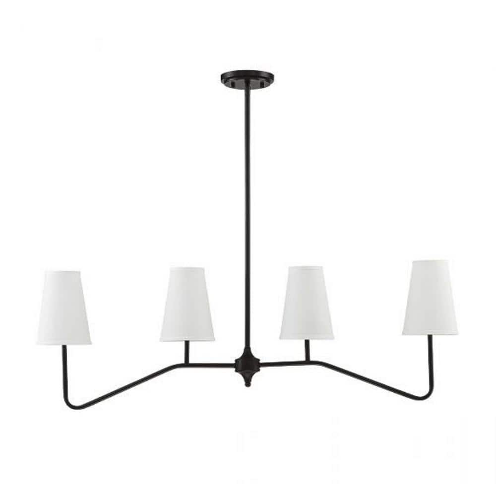 Midcentury Modern Bronze 4-Light Linear Chandelier with White Shades