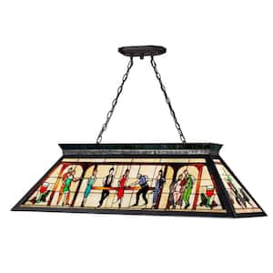 Tiffany Billiard 4-Light Matte Black Billiard Light with Multi-Colored Tiffany Shade with No Bulbs Included