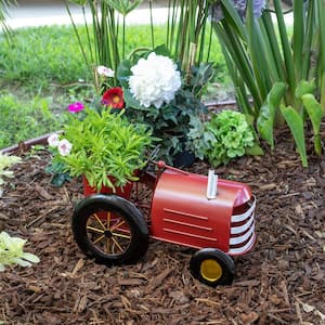 11 in. Tall Indoor/Outdoor Metal Tractor Flower Planter with Stand, Red