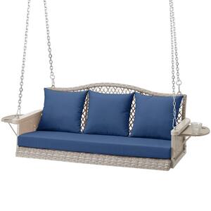 3-Seat Outdoor Gray Wicker Hanging Porch Patio Swing with Blue Cushion and Cup Holder