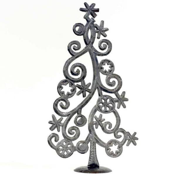 Global Crafts Grey Christmas Tree with Snowflakes Haitian Steel Drum Sculpture