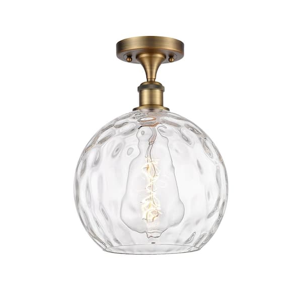 Athens Water Glass 10 in. 1-Light Brushed Brass Industrial Semi-Flush Mount with Clear Glass Shade