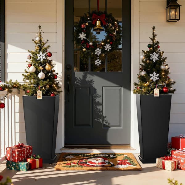 10 in. x 24 in. Black Plastic Tall Square Planter Urn Outdoor Planter(2-Pack)