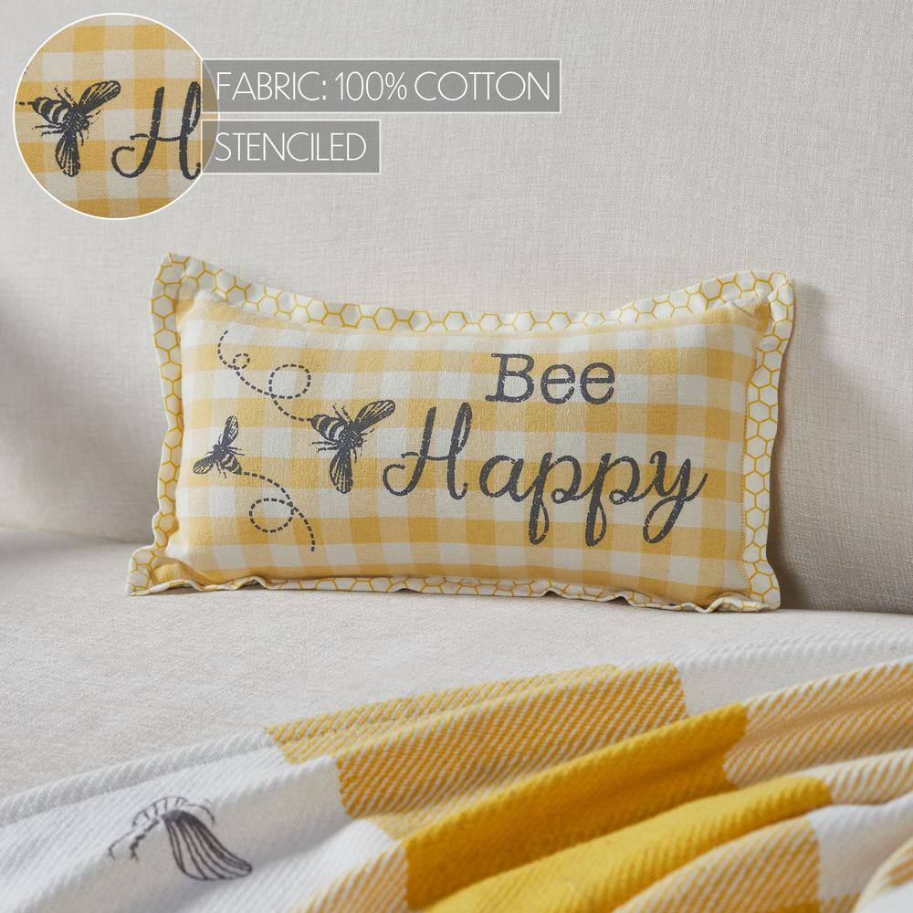 Bee Happy Yellow Plaid Cotton Rectangular Throw Pillow