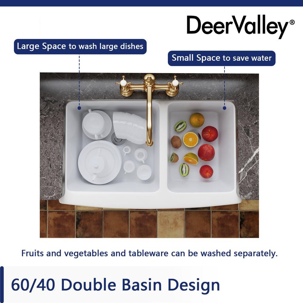 DeerValley 33" White Fireclay Double Bowl Farmhouse Sink