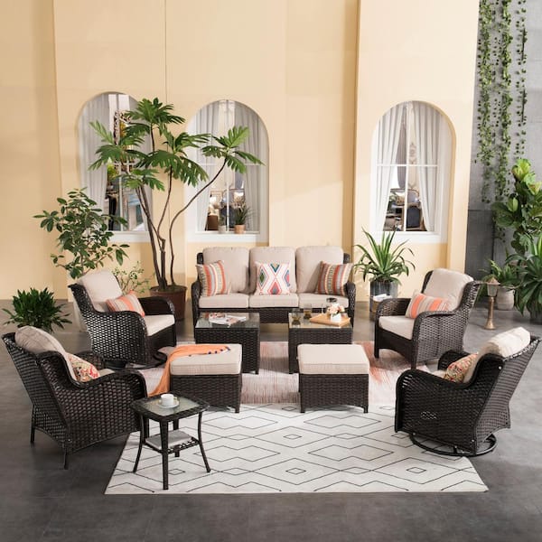XIZZI Maroon Lake Brown 10-Piece Wicker Patio Conversation Seating Sofa Set with Beige Cushions and Swivel Rocking Chairs