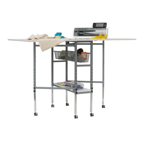 Hobby Craft 60 in. W x 36 in. D MDF Folding Cutting Table with 2 Drawers, Adjustable Height, Silver / White