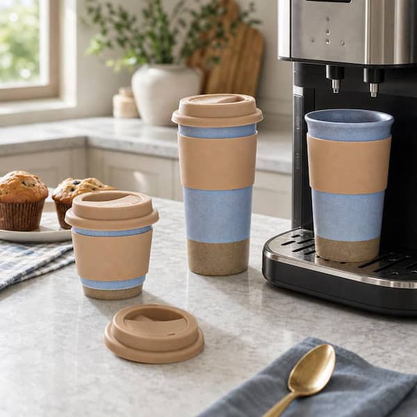 Numhew 20 oz. Blue Ceramic Travel To GoCoffee Mug Set with Silicone Lid and Non-Slip Sleeve, Microwave Safe (Set of 3)