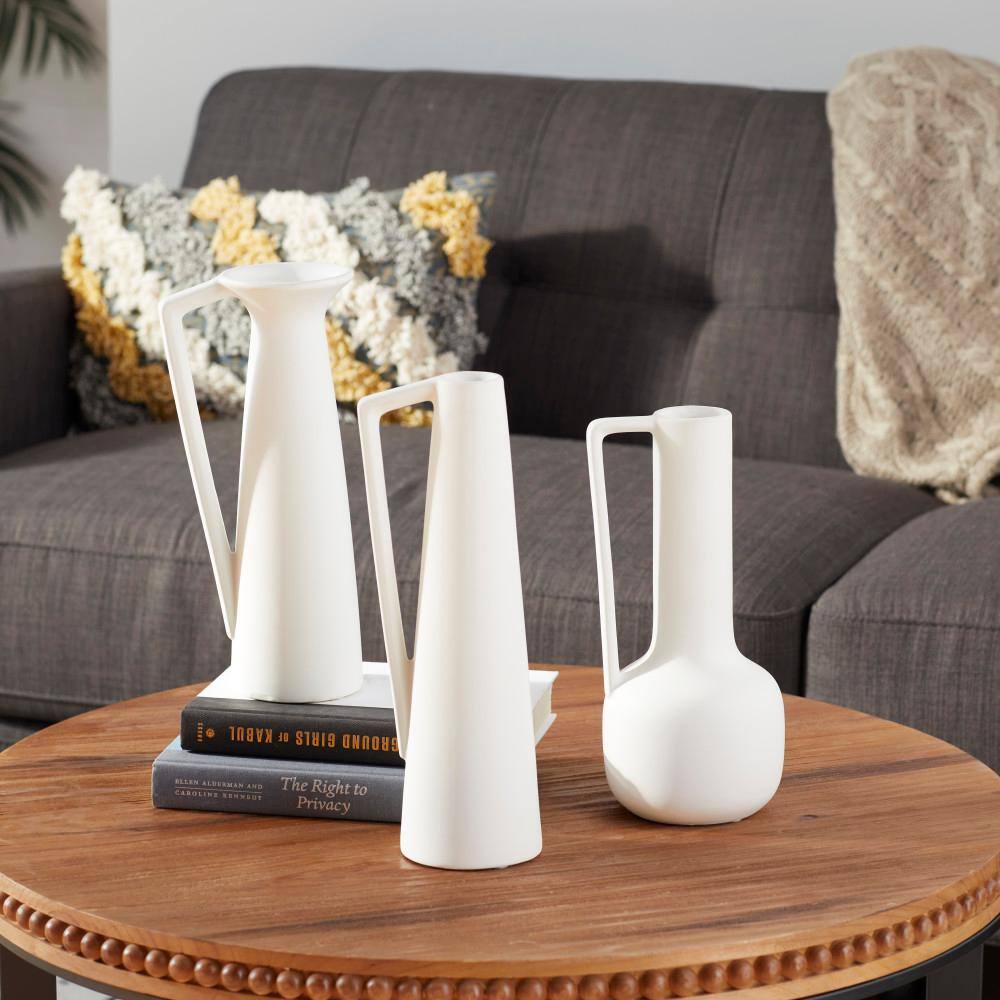 Elegant White Ceramic Vase Trio with Geometric Handles