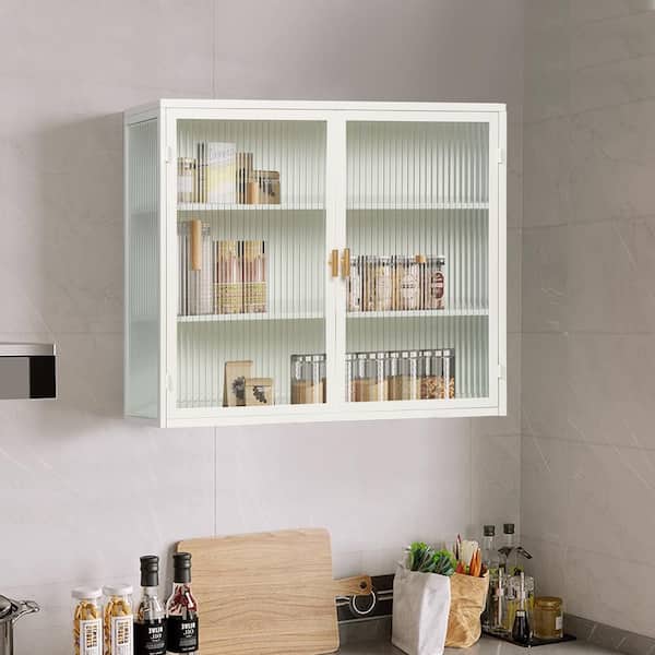 Unbranded 27.56 in. W x 9.06 in. D x 23.62 in. H Bathroom Storage Wall Cabinet in White Glass Doors 3-Tier Storage