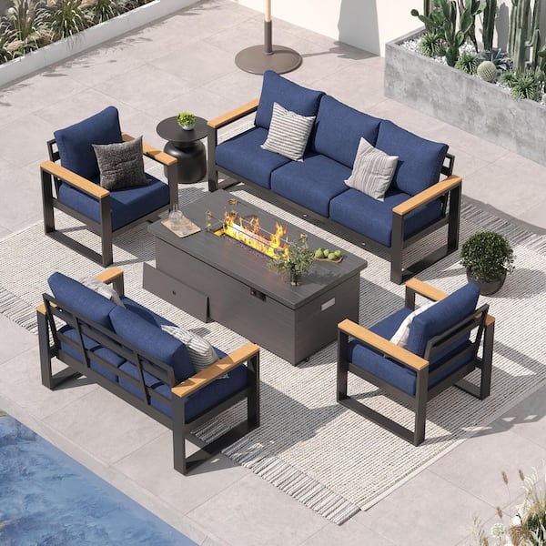 5-Piece Aluminum Patio Conversation Set with 51 in. Fire Pit Table and 7-Seat with Navy Cushions