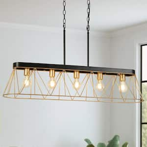 Modern Farmhouse 5-Light Matte Black Chandelier with Dark Gold Cage Shade, Hanging Lamp for Dining Room, Kitchen