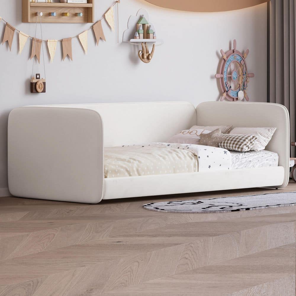 Beige Wood Frame Twin Platform Bed with Upholstered Headboard and Armrests,Soft and Safe Design,Protective Sides