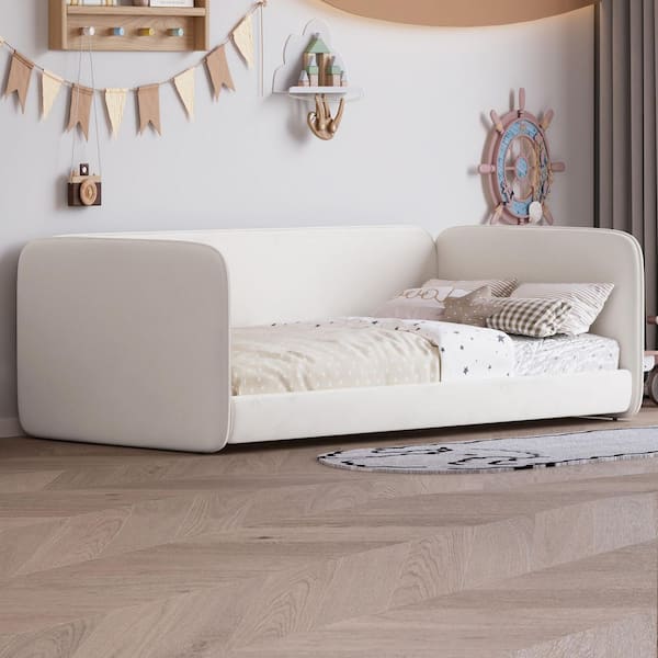 Beige Wood Frame Twin Platform Bed with Upholstered Headboard and Armrests,Soft and Safe Design,Protective Sides