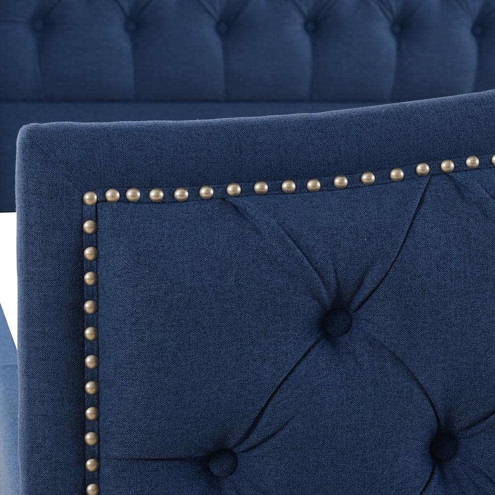 Marcella King-Size Dark Sapphire Blue Tufted Wingback Bed with Nailhead Trim