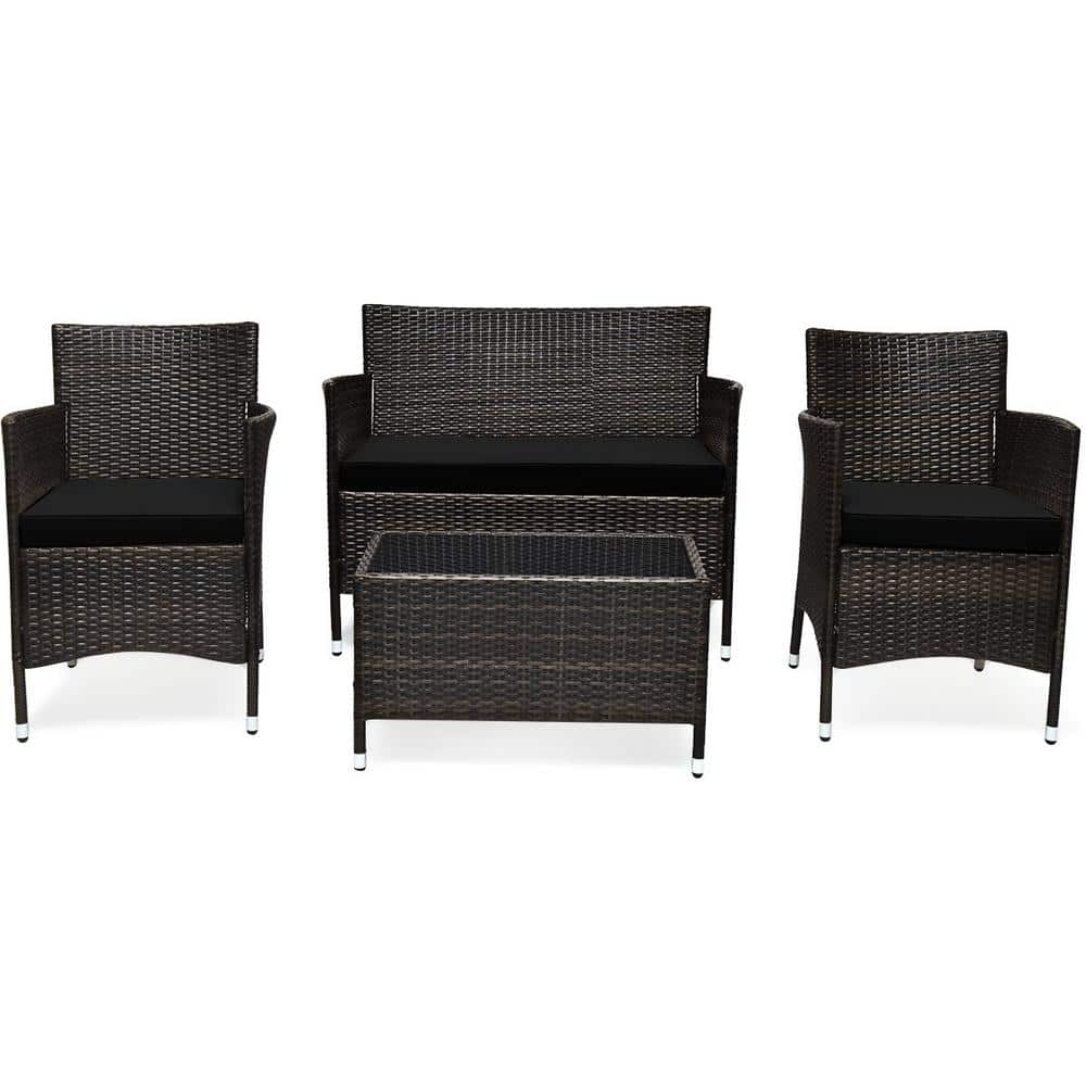 4-Piece Wicker Patio Conversation Set Rattan Furniture Set Sofa Chair Table Set W/Black Cushions price history on PriceWatchPro