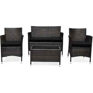 4-Piece Wicker Patio Conversation Set Rattan Furniture Set Sofa Chair Table Set W/Black Cushions