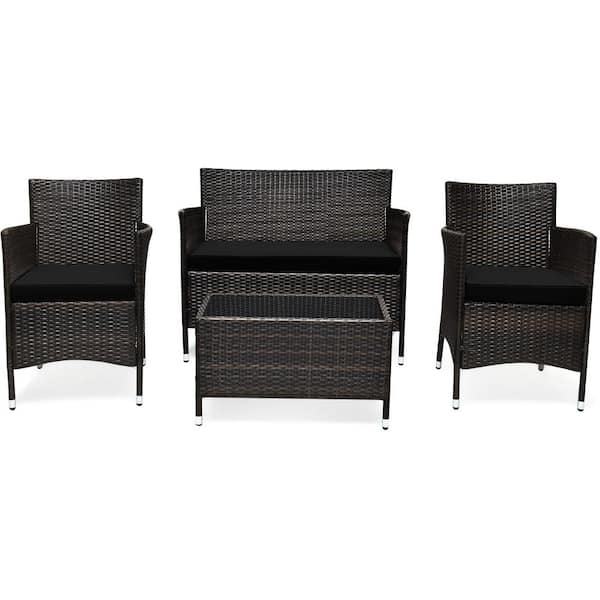 HONEY JOY 4-Piece Wicker Patio Conversation Set Rattan Furniture Set Sofa Chair Table Set W/Black Cushions