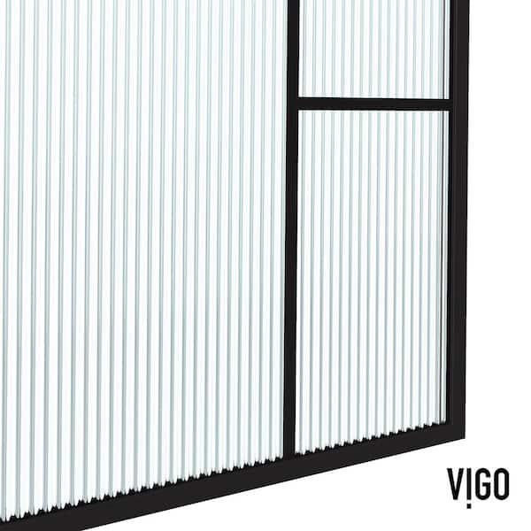 VIGO Meridian 34 in W x 74 in H Framed Shower Screen in Matte Black with Mixed Clear Grid, Privacy, and Fluto White Glass
