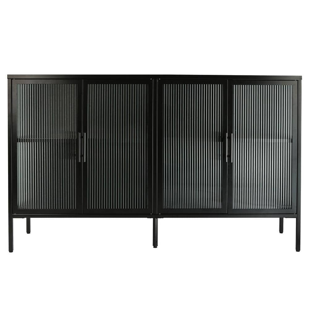 59.17 in. W x 13.86 in. D x 35.91 in. H Black Linen Cabinet with 4 Glass Doors and Adjustable Shelf