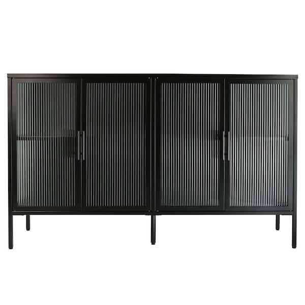 Unbranded 59.17 in. W x 13.86 in. D x 35.91 in. H Black Linen Cabinet with 4 Glass Doors and Adjustable Shelf