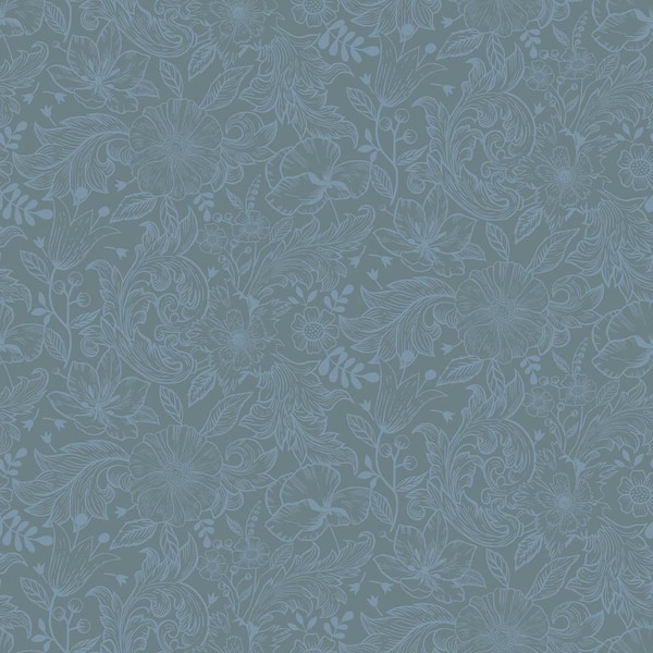A-Street Prints Wilma Blue Floral Block Print Non Woven Paper Wallpaper Sample