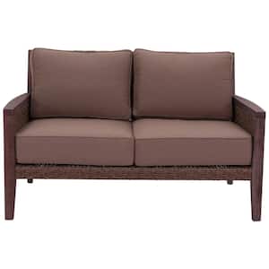 1-Piece Wood Outdoor Loveseat with Sunbrella Beige Cushions Buena Vista II Collection Rustic Taupe Brown Wood