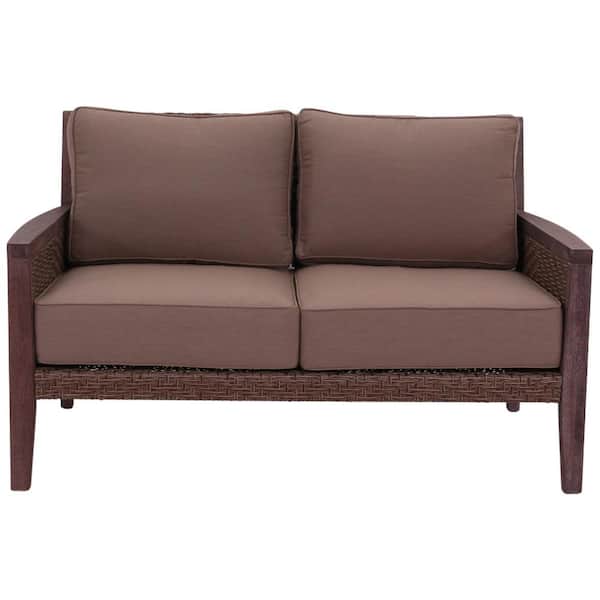 Courtyard Casual 1-Piece Wood Outdoor Loveseat with Sunbrella Beige Cushions Buena Vista II Collection Rustic Taupe Brown Wood