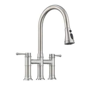 Double Handle Bridge Kitchen Faucet with 3 Functions Pull Down Spray Head in Brushed Nickel