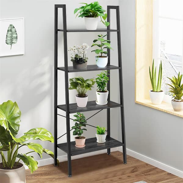 HONEY JOY 58 in. Tall Dark Gray and Black Particle Board and Metal 4-Shelf Ladder Bookcase with Display Ladder Rack