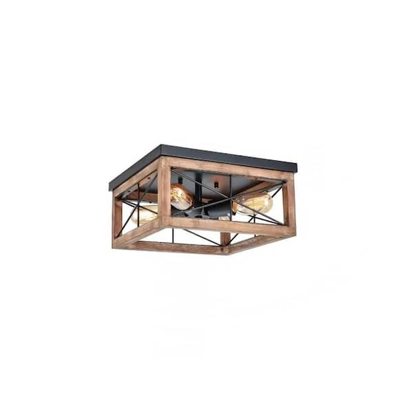 12.6 in. 4-Light Black Wooden LED Flush Mount Ceiling Lights, Farmhouse Close to Ceiling Lighting Fixtures