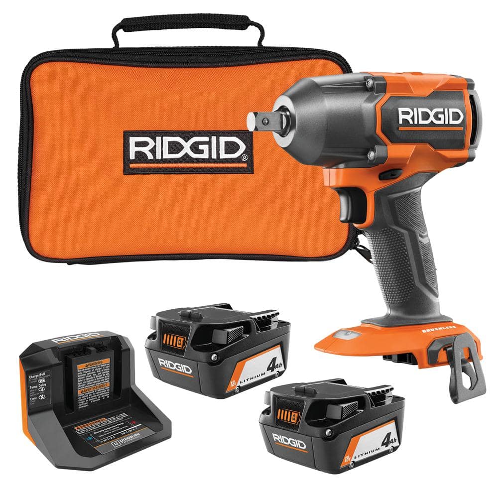 18V Brushless Cordless 4-Mode 1/2 in. Mid-Torque Impact Wrench w/ Friction Ring with (2) 4Ah Batteries, Charger, & Bag -  RIDGID, R86012R93044