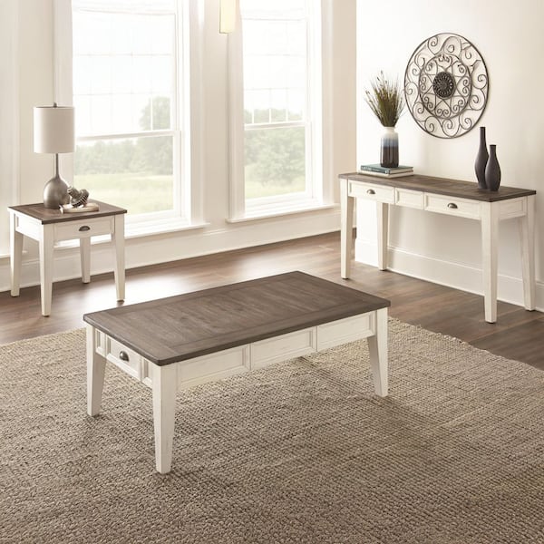 Cayla 52 in.  Brown & White Rectangle Wood Coffee Table and 2 End Tables