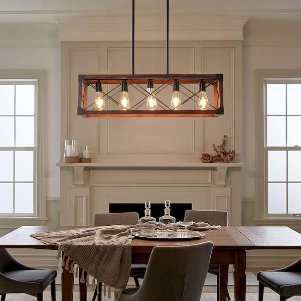 5-Light Brown Solid Wood Kitchen Island Chandelier Farmhouse Rectangular Box Dining Room Chandelier