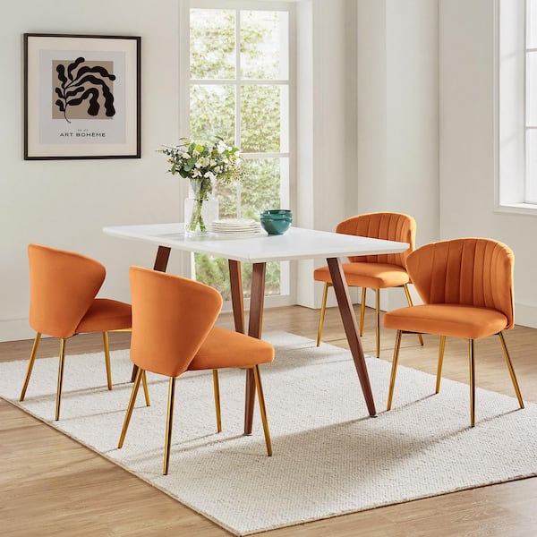 JAYDEN CREATION Olinto Modern Orange Velvet Channel Tufted Side Chair with Metal Legs (Set of 4)