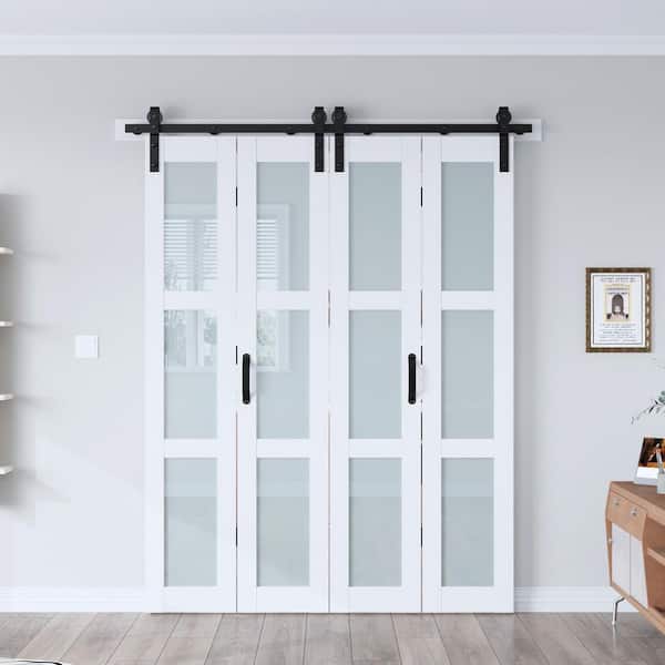 60 in. x 84 in. 3-Lite Tempered Frosted Glass Solid Core White Finished MDF Wood Bi-Fold Door with Hardware Kit