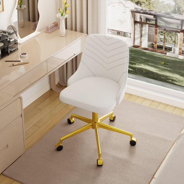 Height-Adjustable Velvet Office Chair with 360° Swivel, Gold Base, Rolling Desk Chair White for Living Room or Makeup
