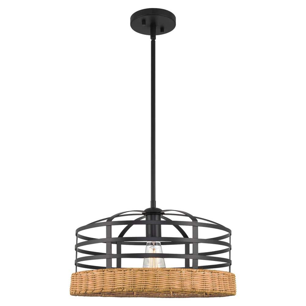 Thatcher Black Metal and Wicker Cage Pendant Light