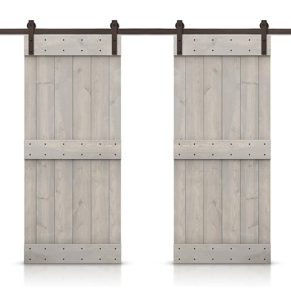 CALHOME Mid-Bar 88 in. x 84 in. Silver Gray Stained DIY Solid Pine Wood Interior Double Sliding Barn Door with Hardware Kit