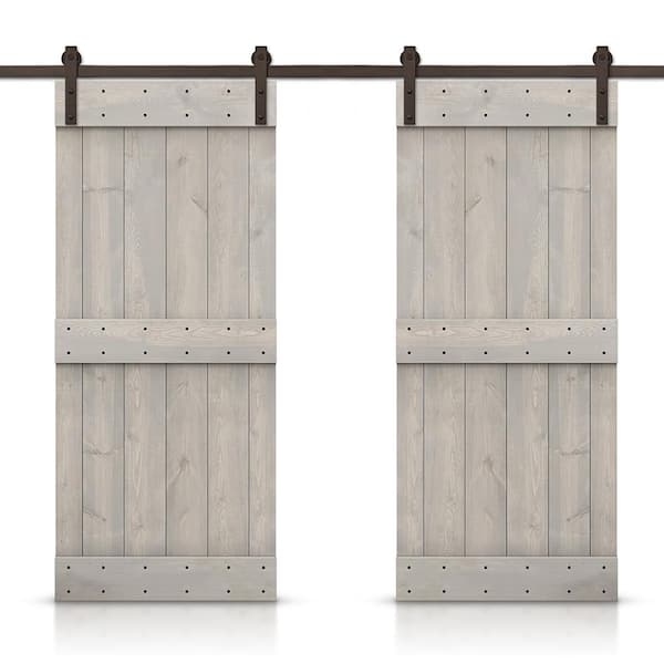 CALHOME Mid-Bar 96 in. x 84 in. Silver Gray Stained DIY Solid Pine Wood Interior Double Sliding Barn Door with Hardware Kit
