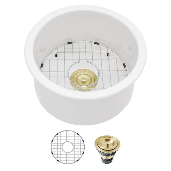 18 in. Undermount Single Bowl Glossy White Round Ceramic Kitchen Sink with Bottom Grid and Strainer Drain